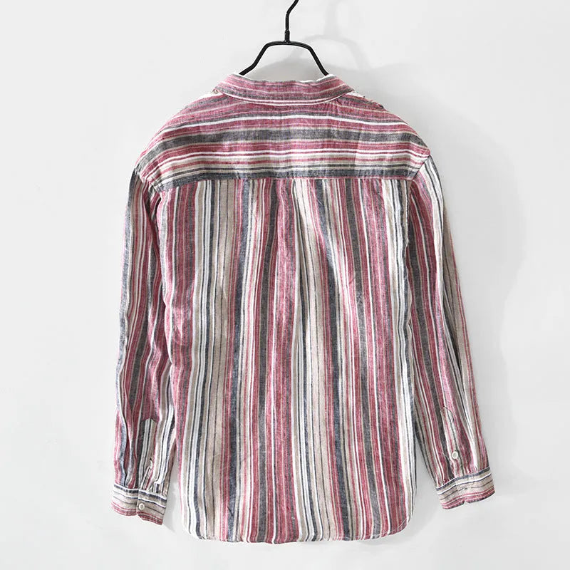 Men's striped linen shirt in loose fit with long sleeves available in red or grey colours