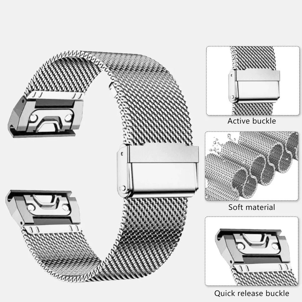 Stainless steel card strap watch band for Garmin Fenix smartwatch in silver finish