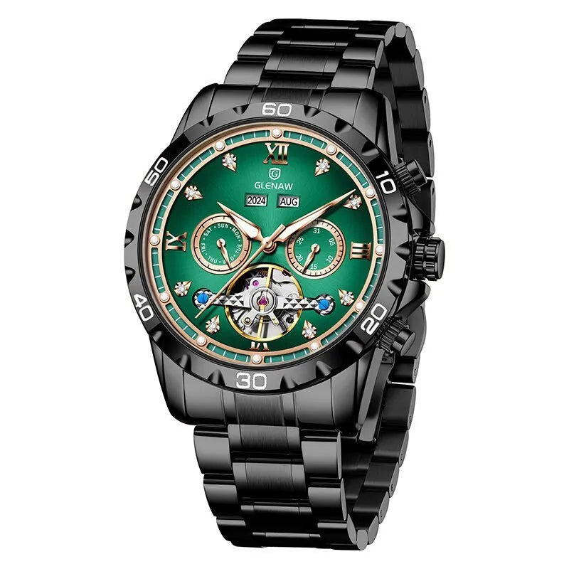 Men's automatic mechanical watch with stainless steel strap and mineral glass face
