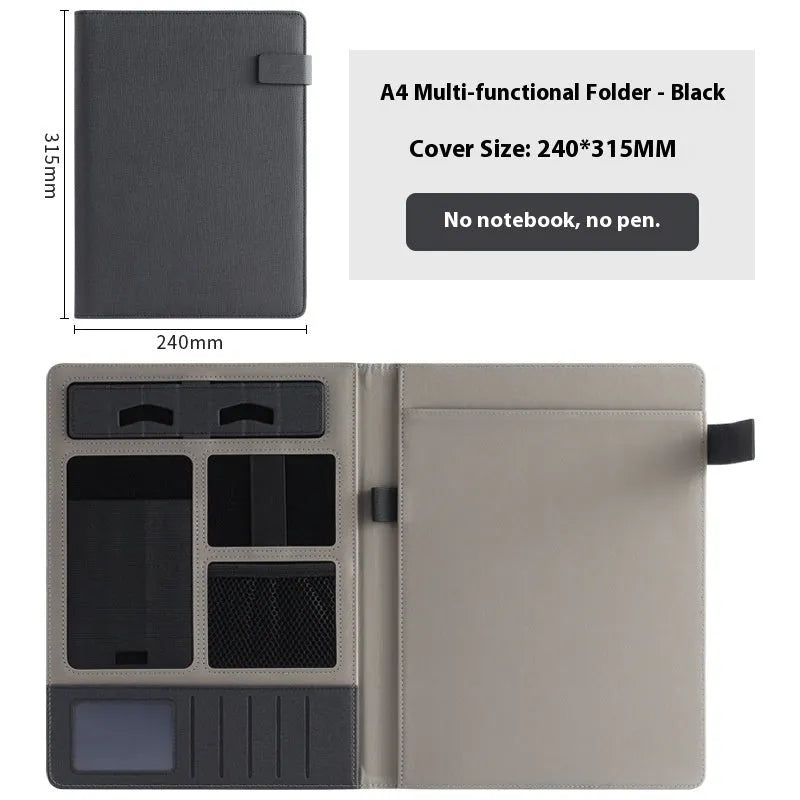 Black leather A4 business folder open to show document sleeve, pen loop, and notepad holder.