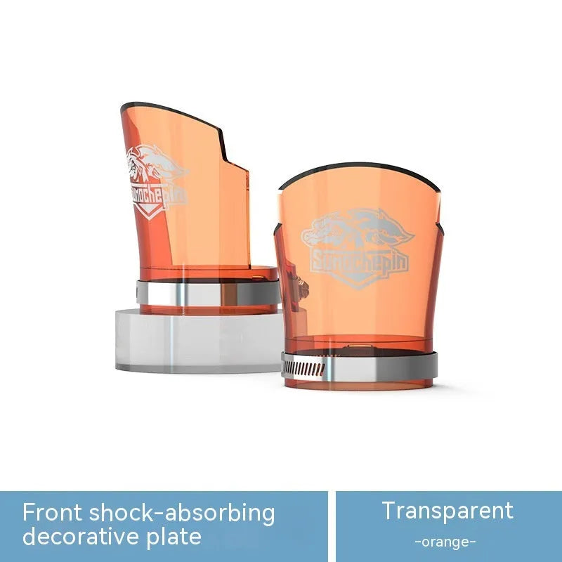 Transparent motorcycle front shock absorber protective sleeve with stainless steel clamp, shown in multiple colour options.