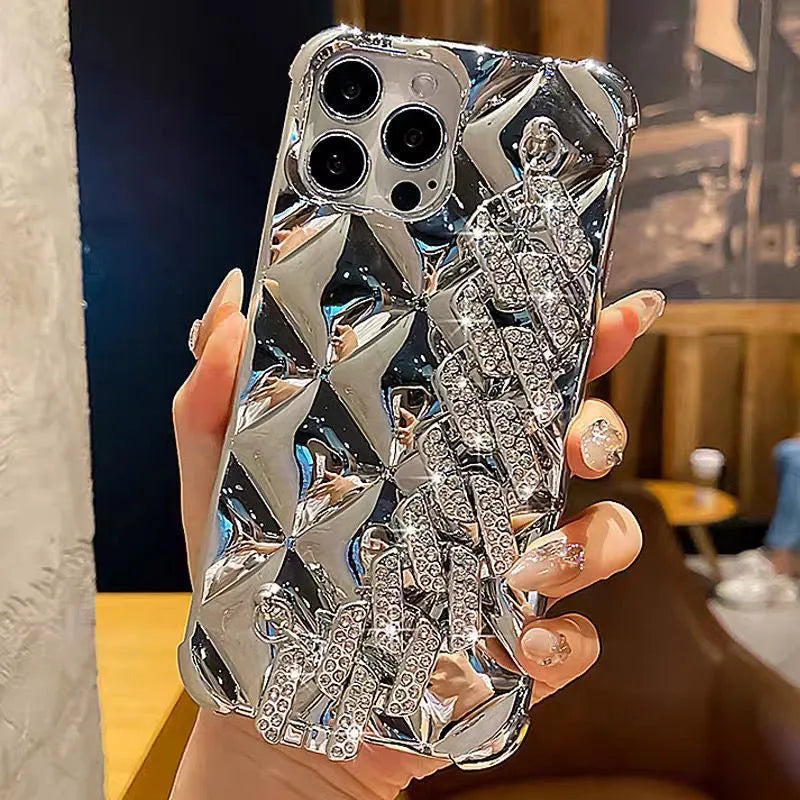 Luxury diamond bracelet phone case for iPhone with gold chain and plated rhombus design