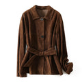 Yellow brown retro-style women's cashmere coat with Peter Pan collar and leather stitch detailing