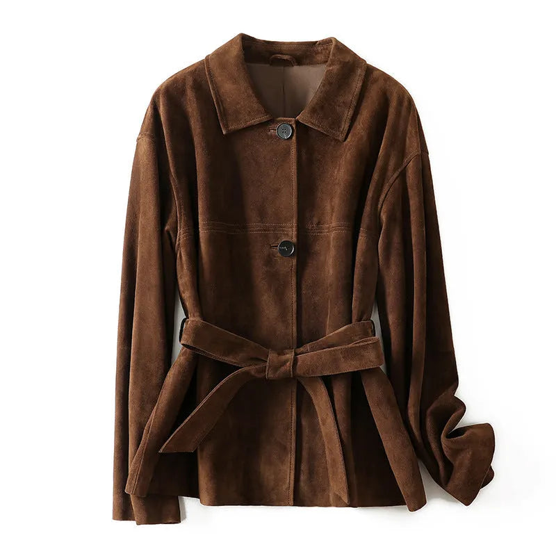 Yellow brown retro-style women's cashmere coat with Peter Pan collar and leather stitch detailing