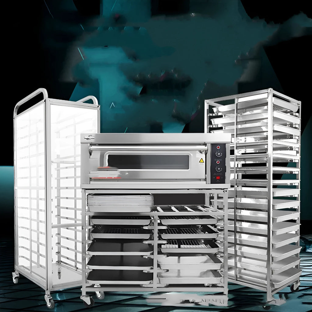 Six-layer stainless steel baking cooling rack with lock system, showing 40x60cm trays