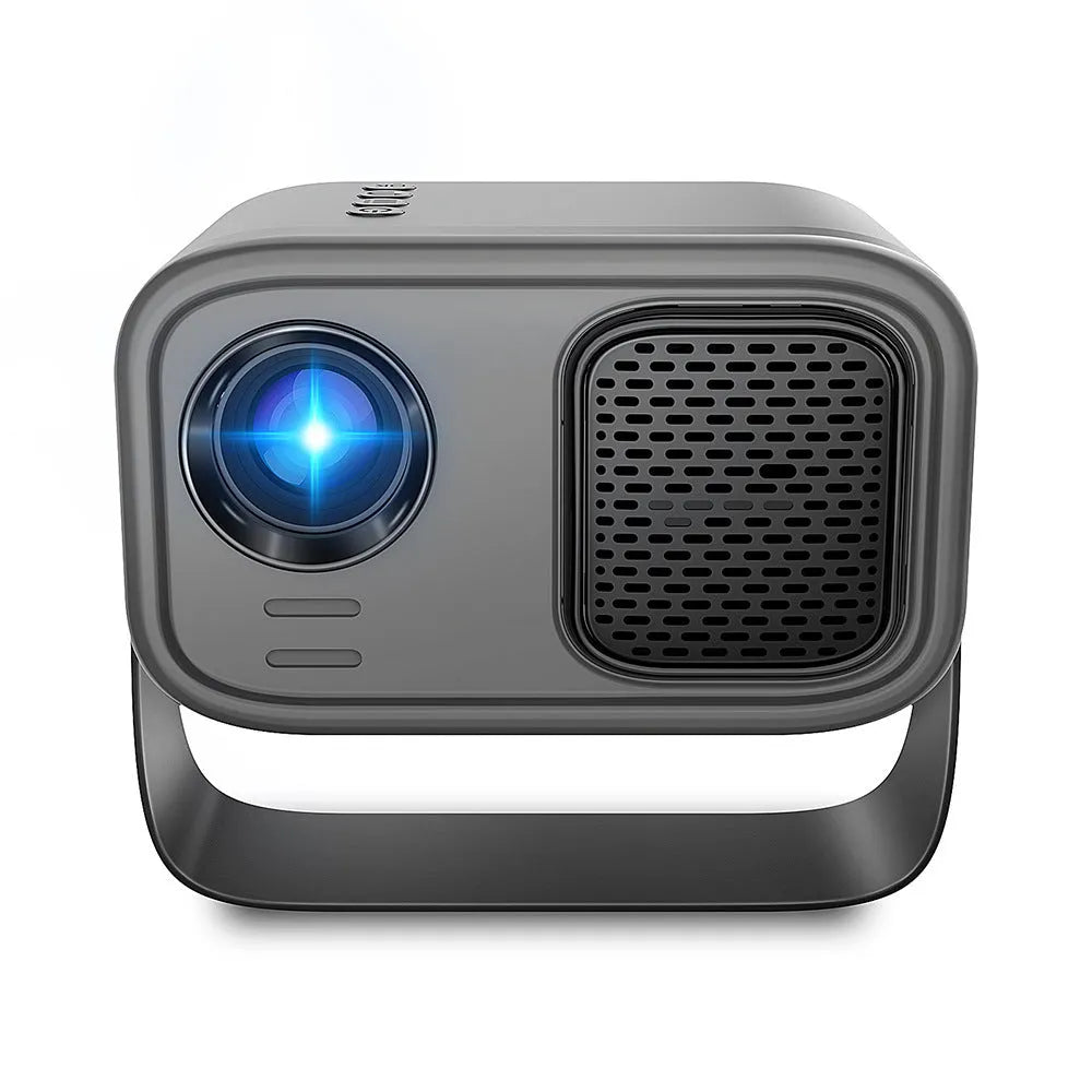 Black portable smart projector with remote control showing 720p HD resolution and Android system