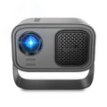 Black portable smart projector with remote control showing 720p HD resolution and Android system