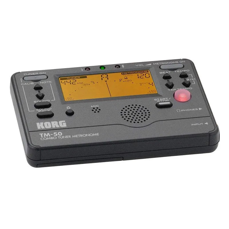 TM-60 black electronic metronome with display and controls for tempo and rhythm selection.