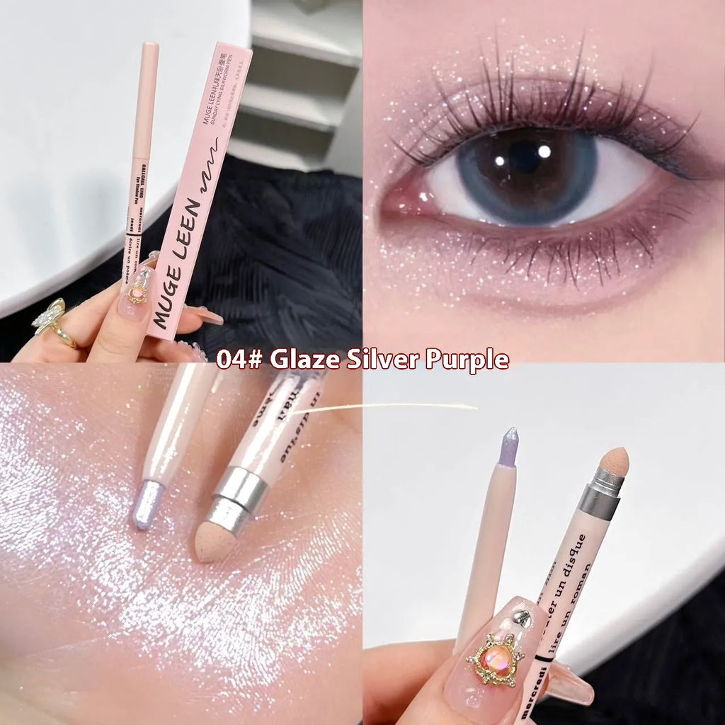 Waterproof 2-in-1 eyeshadow and highlighter pen in assorted colours on a white background.