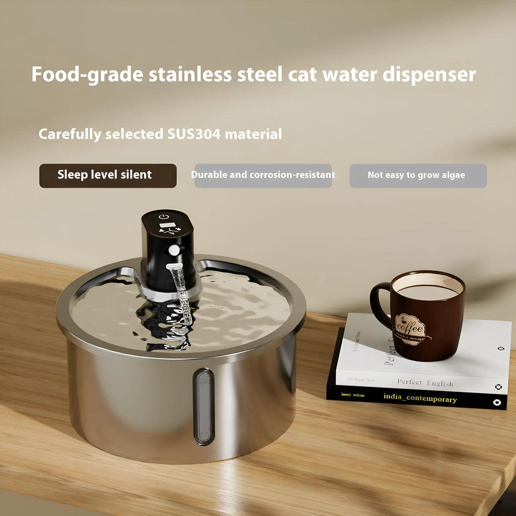 Stainless steel pet water fountain with heating base for cats and dogs in black colour option