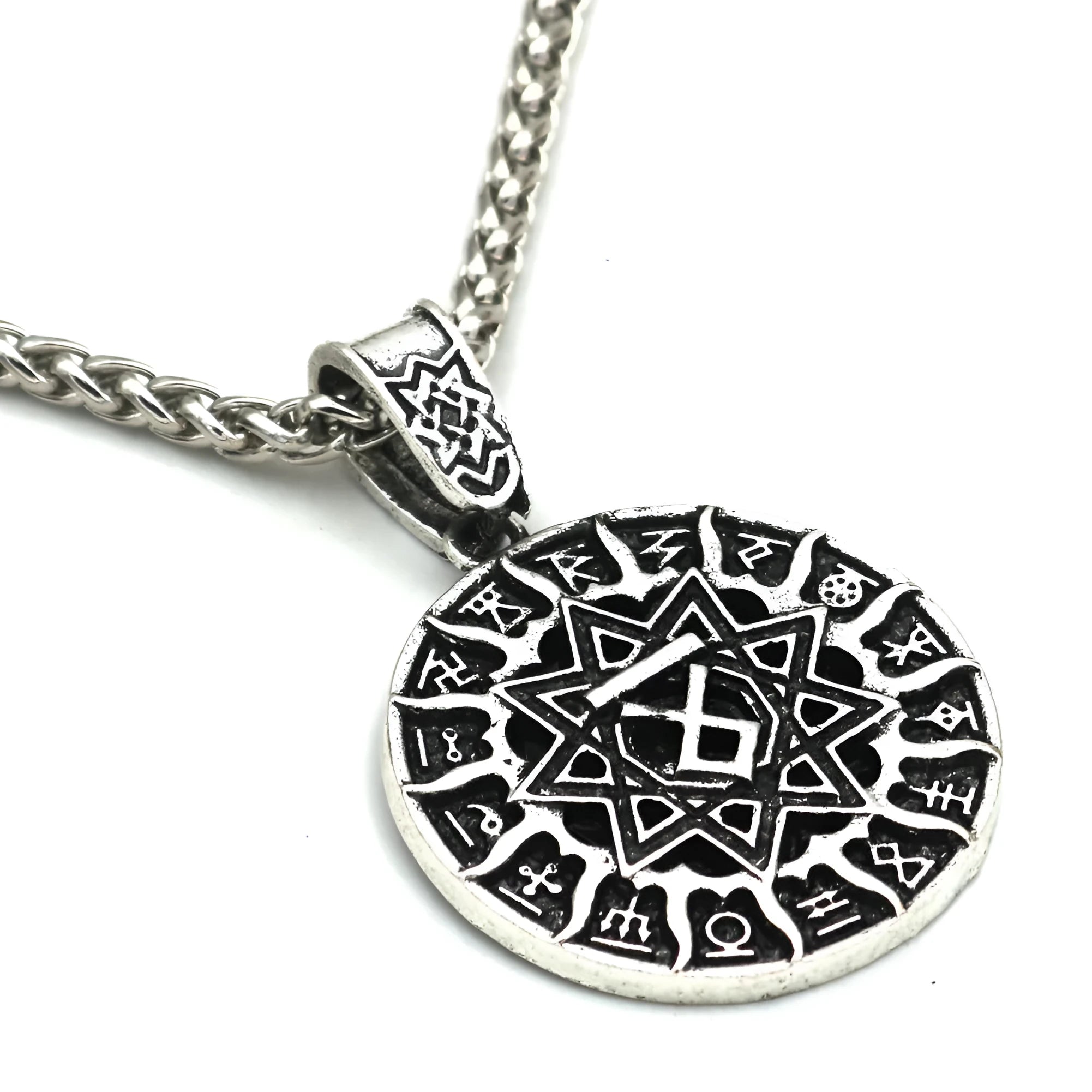 Lunavin ODing logo pendant necklace on snake bones chain with adjustable length.