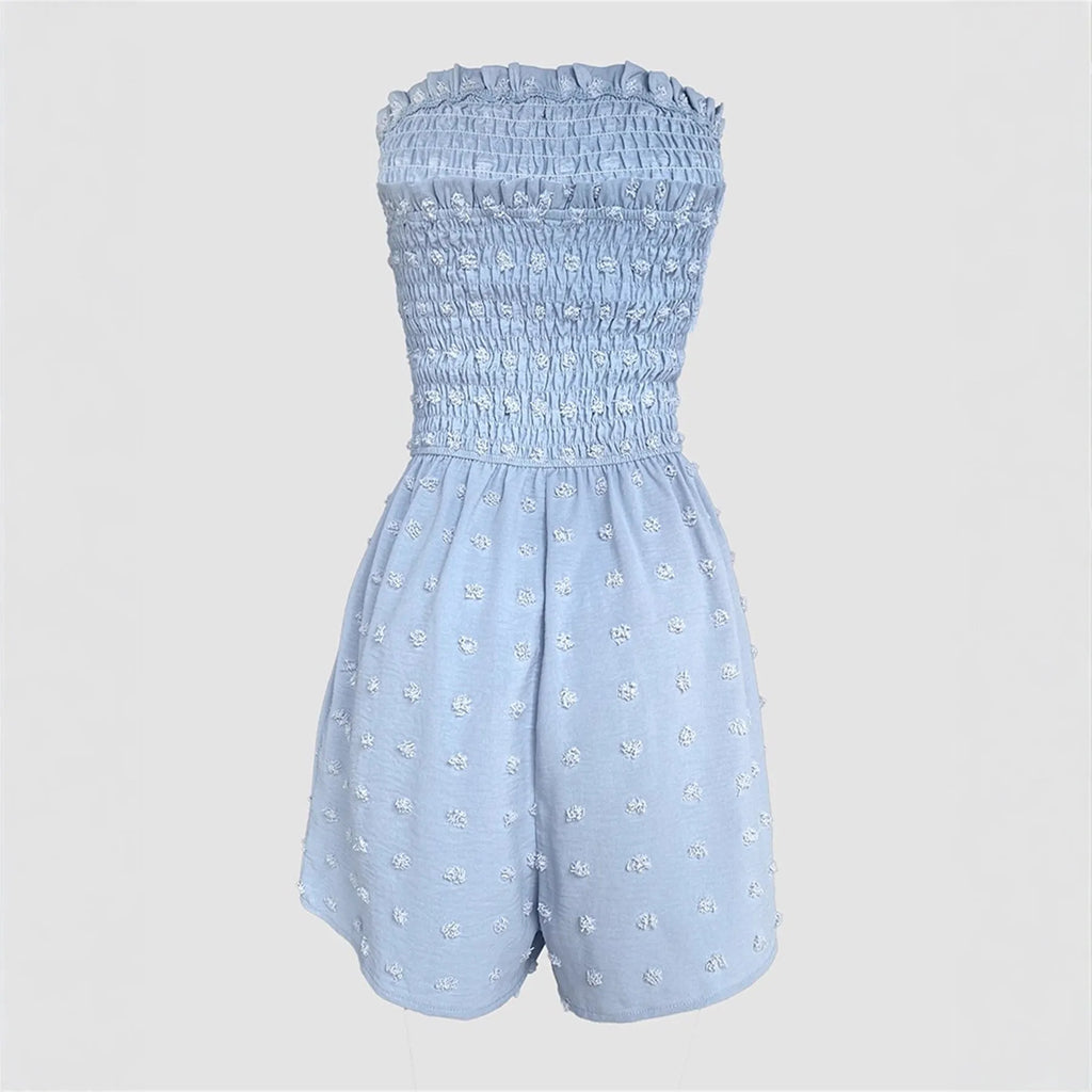 Women's sleeveless off-shoulder jumpsuit in solid colour with elastic waist and button details