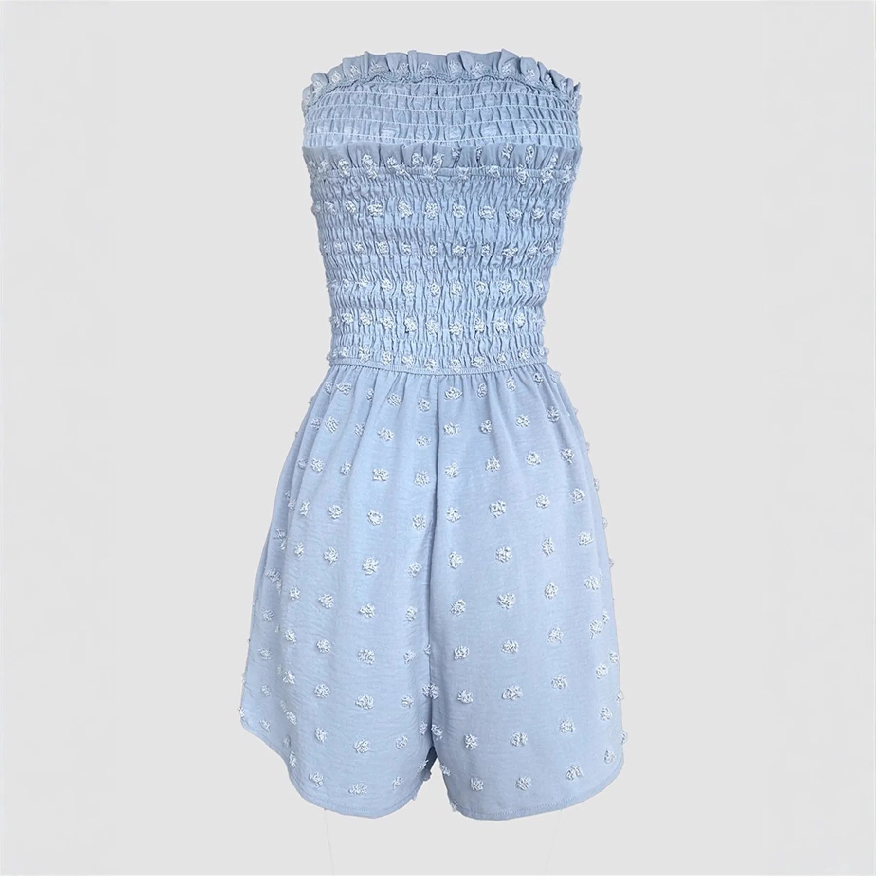 Women's sleeveless off-shoulder jumpsuit in solid colour with elastic waist and button details
