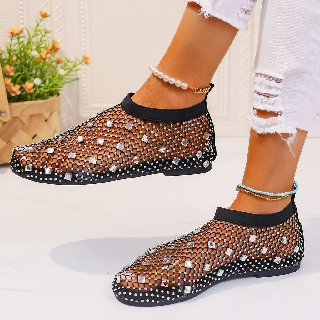 Women's colourful rhinestone mesh flat sandals with round toe and medium height upper