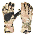 A pair of tactical camouflage ski gloves with touch-screen fingertips on a winter background.