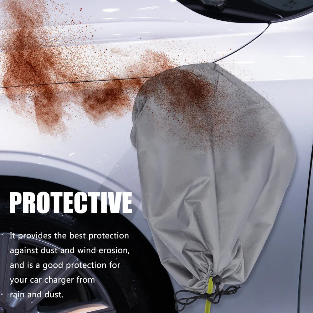 Grey waterproof drawstring cover for an electric vehicle charging port