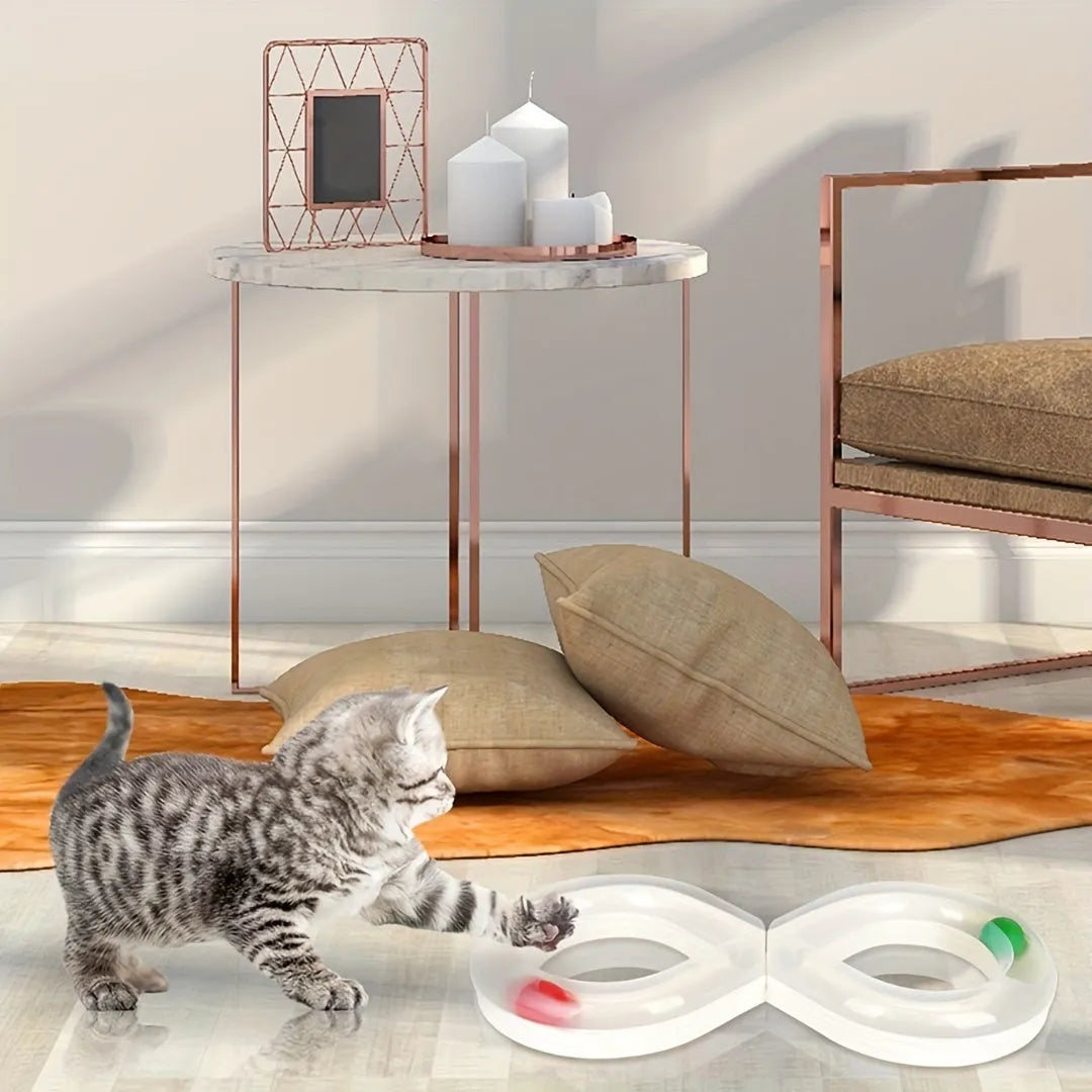 Blue and white cat turntable toy with ball track and teasing stick on wooden floor