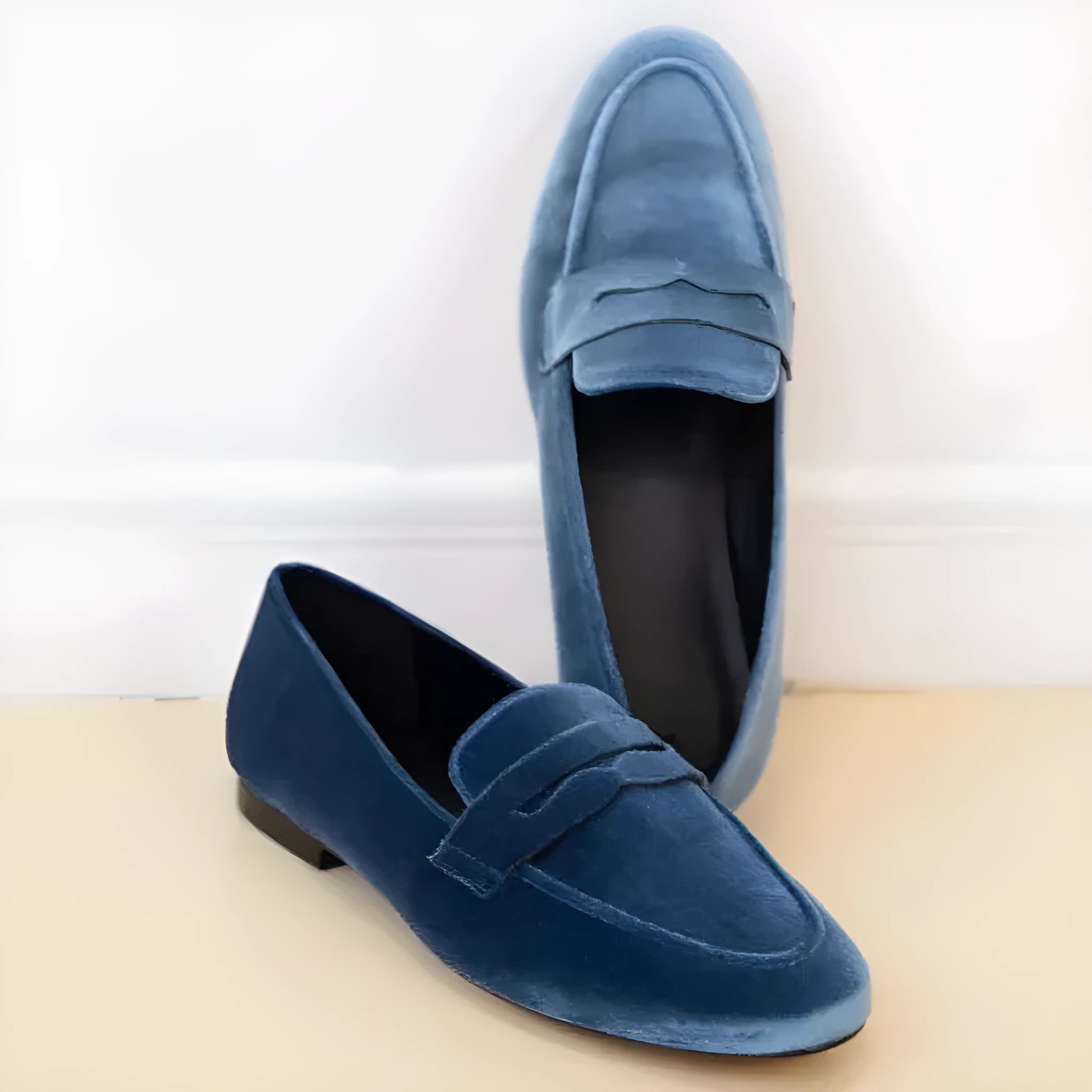Blue and black plus size flat loafers with suede-style artificial PU upper and rubber sole