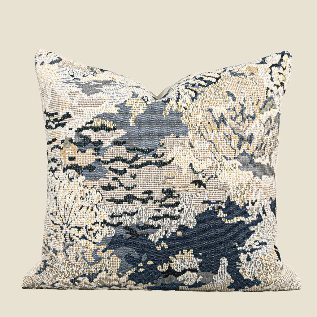 Antique blue abstract floral patterned wool blend cushion cover in square and waist pillow sizes.
