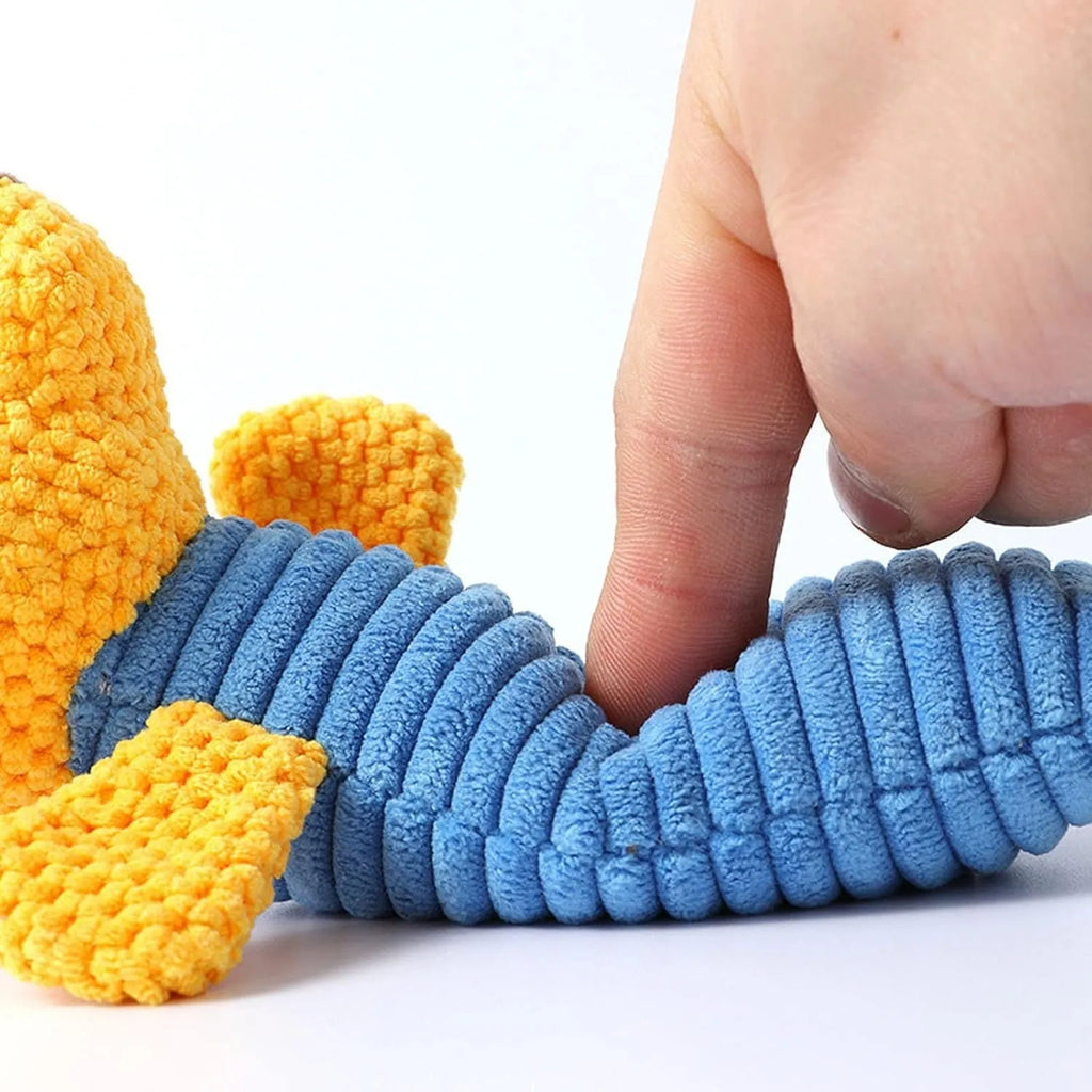 Squeaky stuffed dog chew toy in animal design for dental cleaning and teething relief