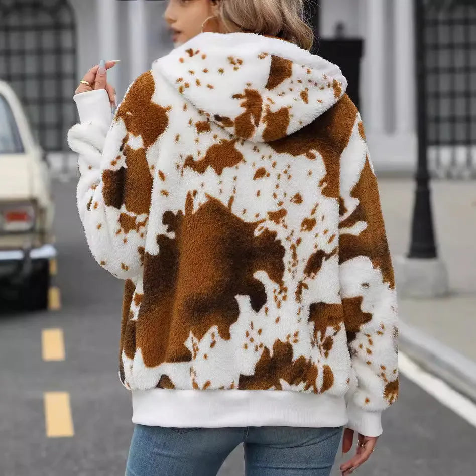 Yellow brown cow animal print hooded plush cardigan jacket with zip fastening