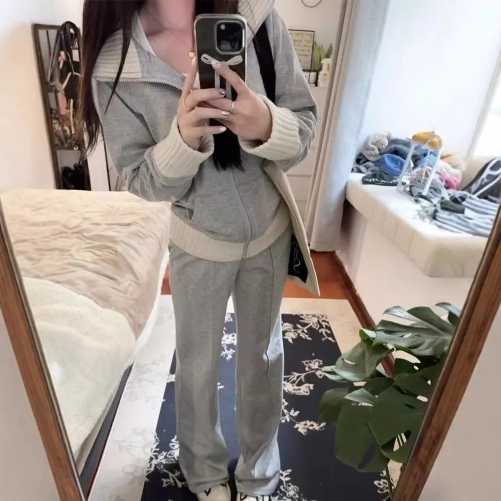 Light gray women's two-piece casual set with coat and wide leg trousers