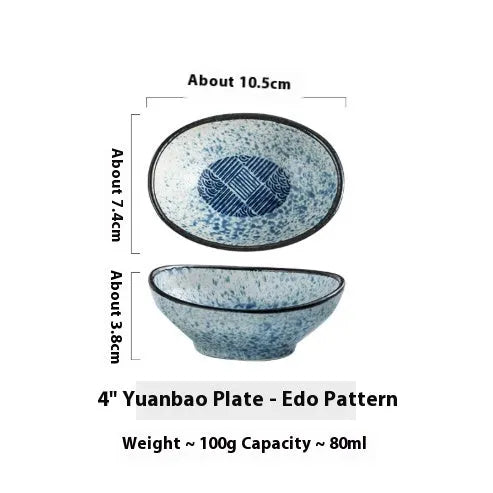 Oval Japanese ceramic sauce dipping bowl with underglaze finish in decorative pattern
