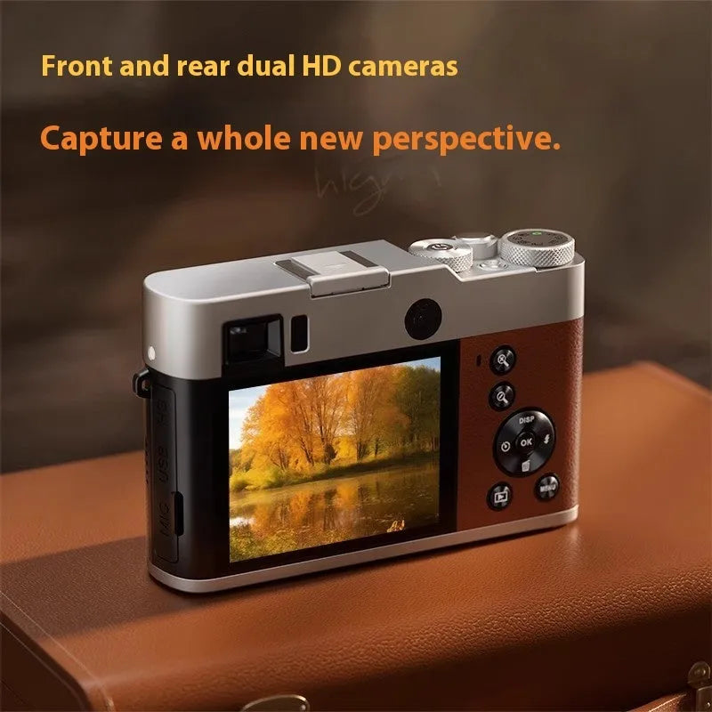 Black and brown 5K HD digital camera with front and rear lenses, optical viewfinder, and a 2.88-inch screen.