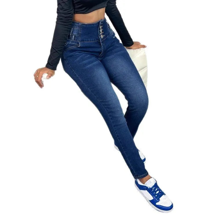 Women's dark blue straight-leg denim trousers with button-fly closure on hanger
