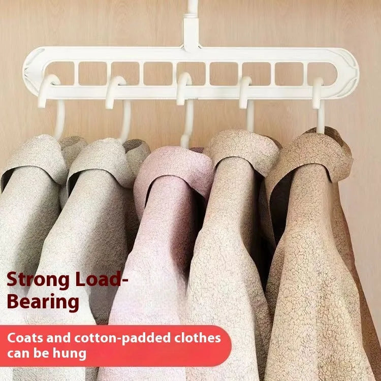 Foldable plastic hanger with nine holes for hanging trousers, shown in a choice of colours.