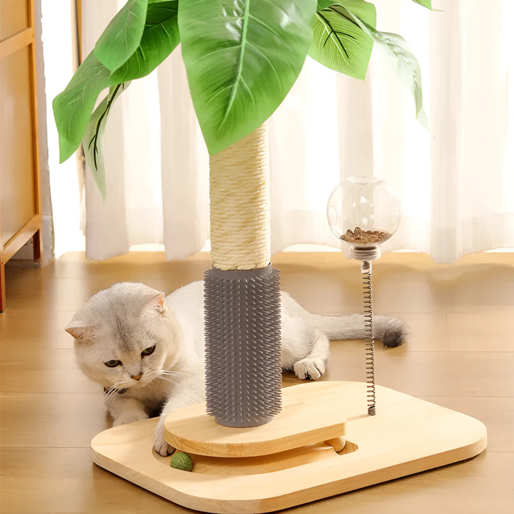 A vertical wooden cat scratching post in a canna colour with an attached food drop ball.