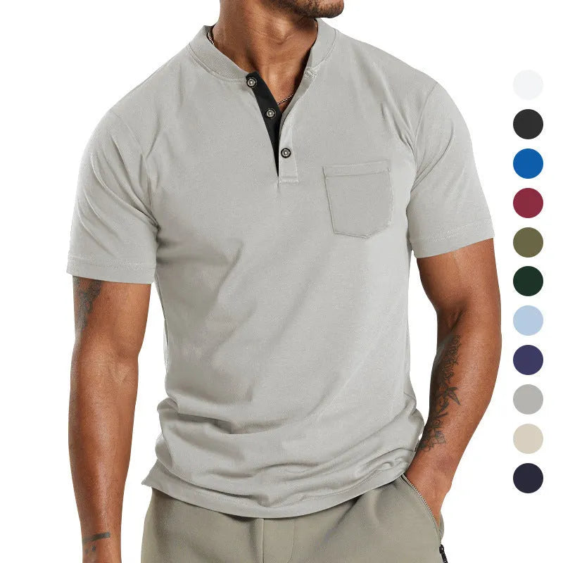 Plus size men's short sleeve button shirt with chest pocket in solid colour polyester fabric