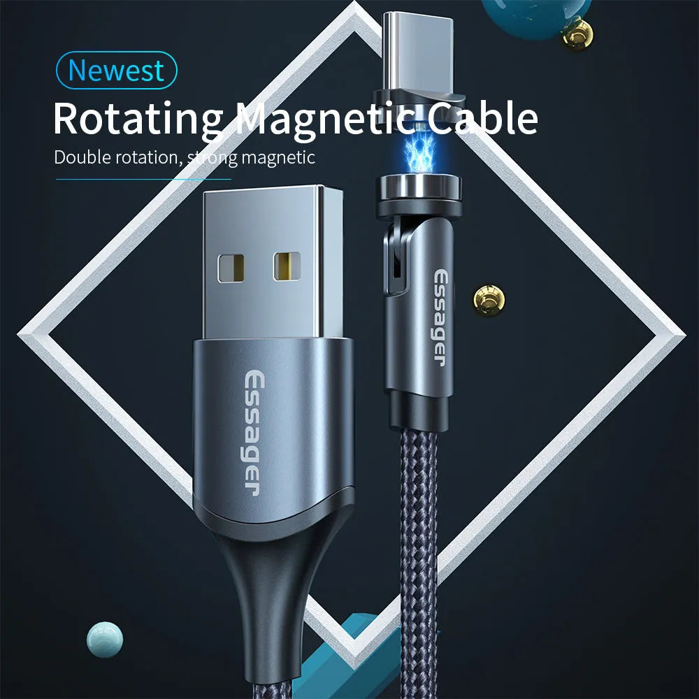 Essager black magnetic USB charging cable with rotating head and blue LED light on a white background.