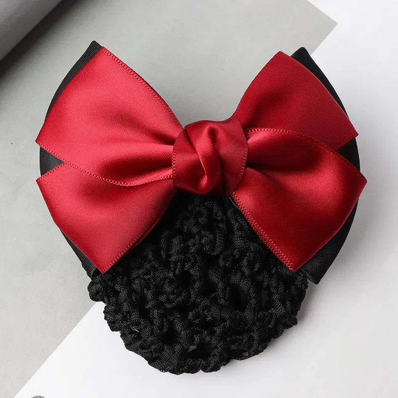 Professional waitress hair net with double bow clip in various colours including black, red, and blue mesh