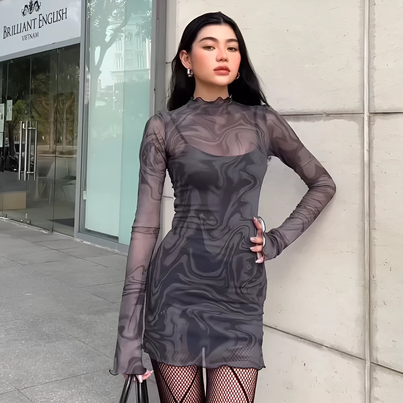 Women black mesh halter print bodycon dress two-piece set with long sleeves
