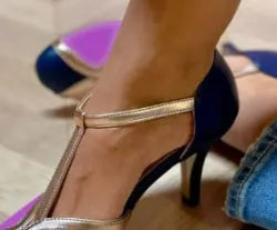 Women's round toe high heels with button fastening in blue, pink, red, and black colour options