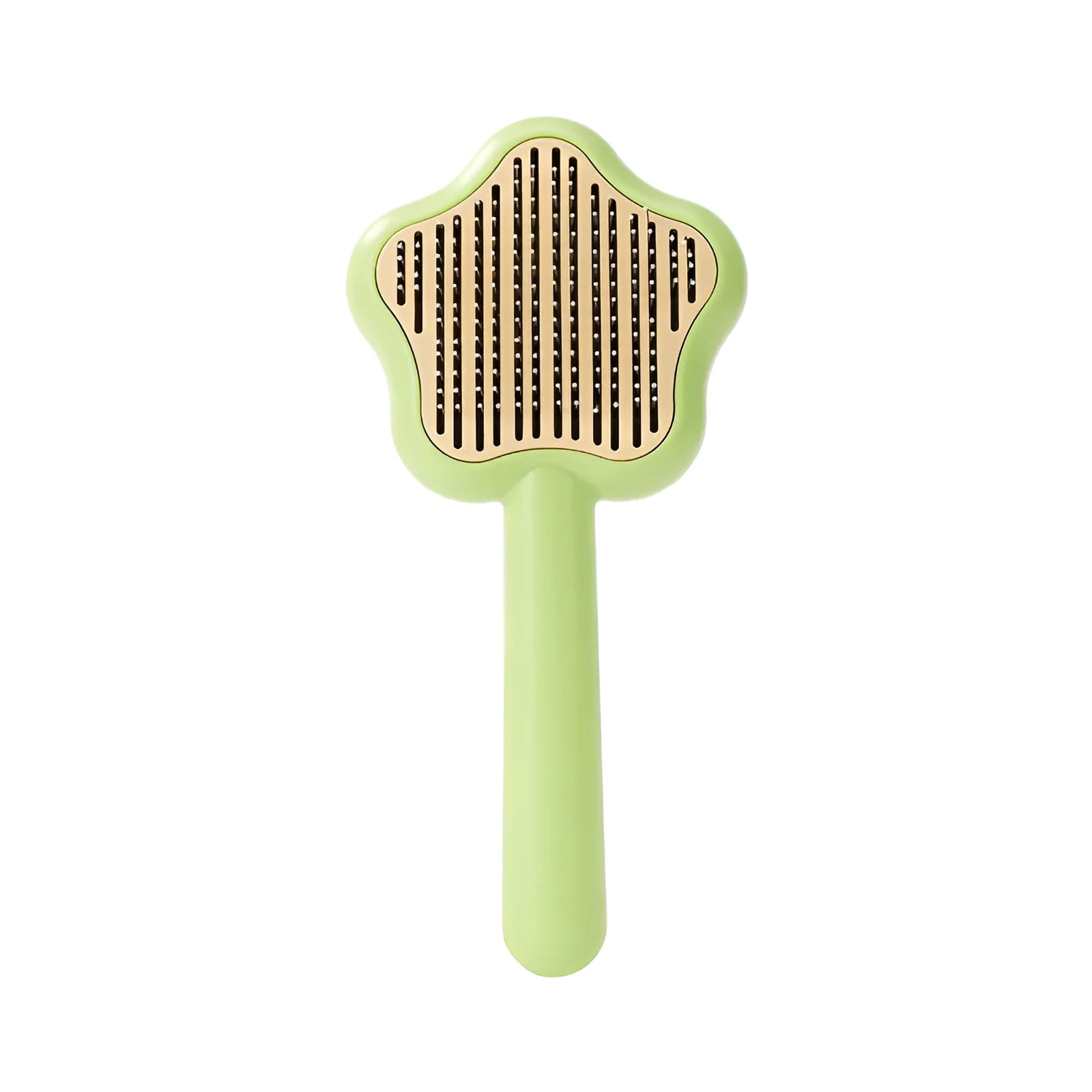 Green self-cleaning stainless steel pet comb with a magic wand handle on a white background.