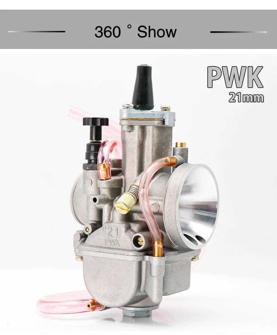PWK sandblasting finish motorcycle carburettor showing seven size options from 21mm to 34mm