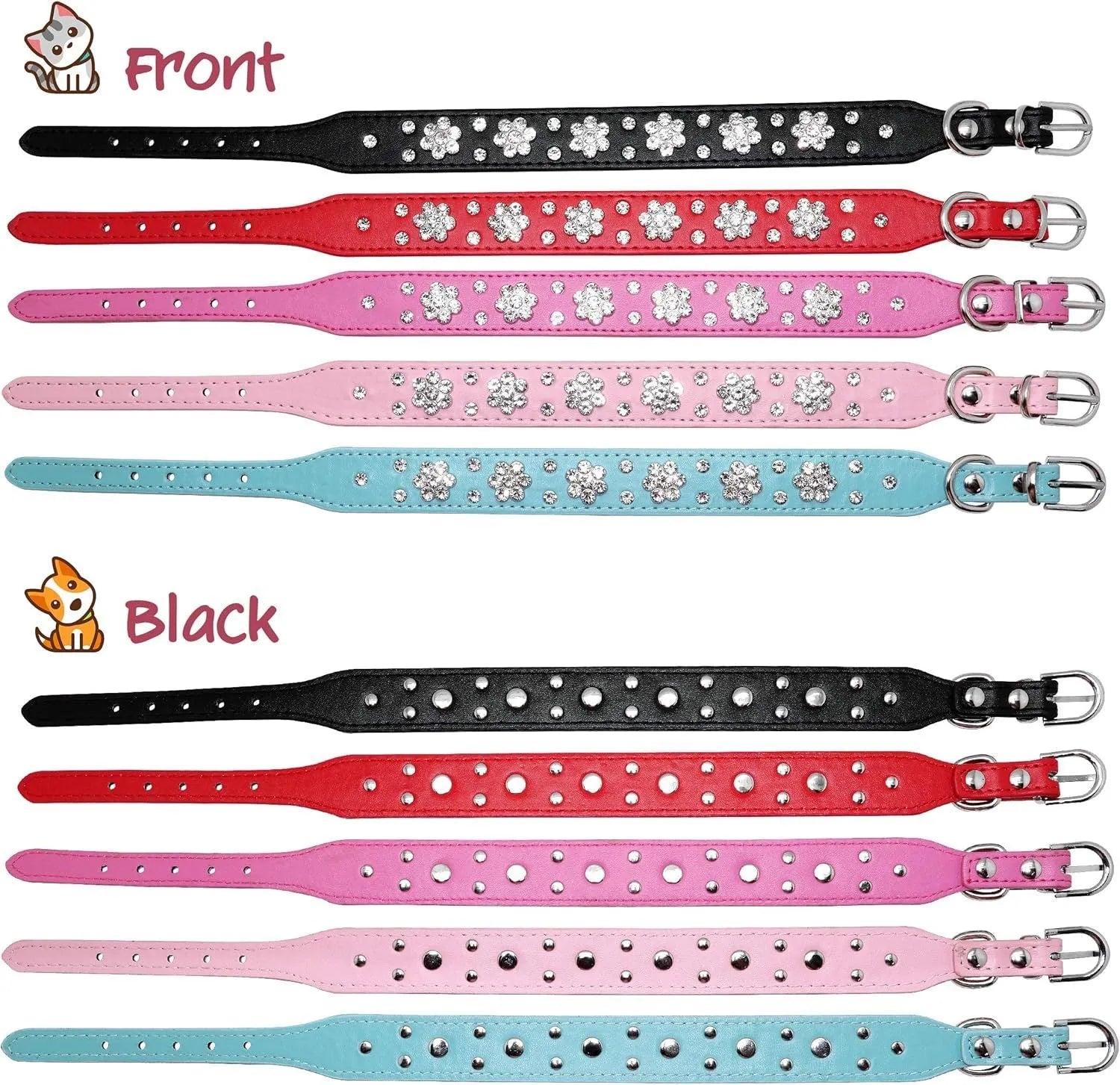 Close-up of a pink PU leather dog collar with silver rhinestone flowers and studs, showing the metal D-ring.