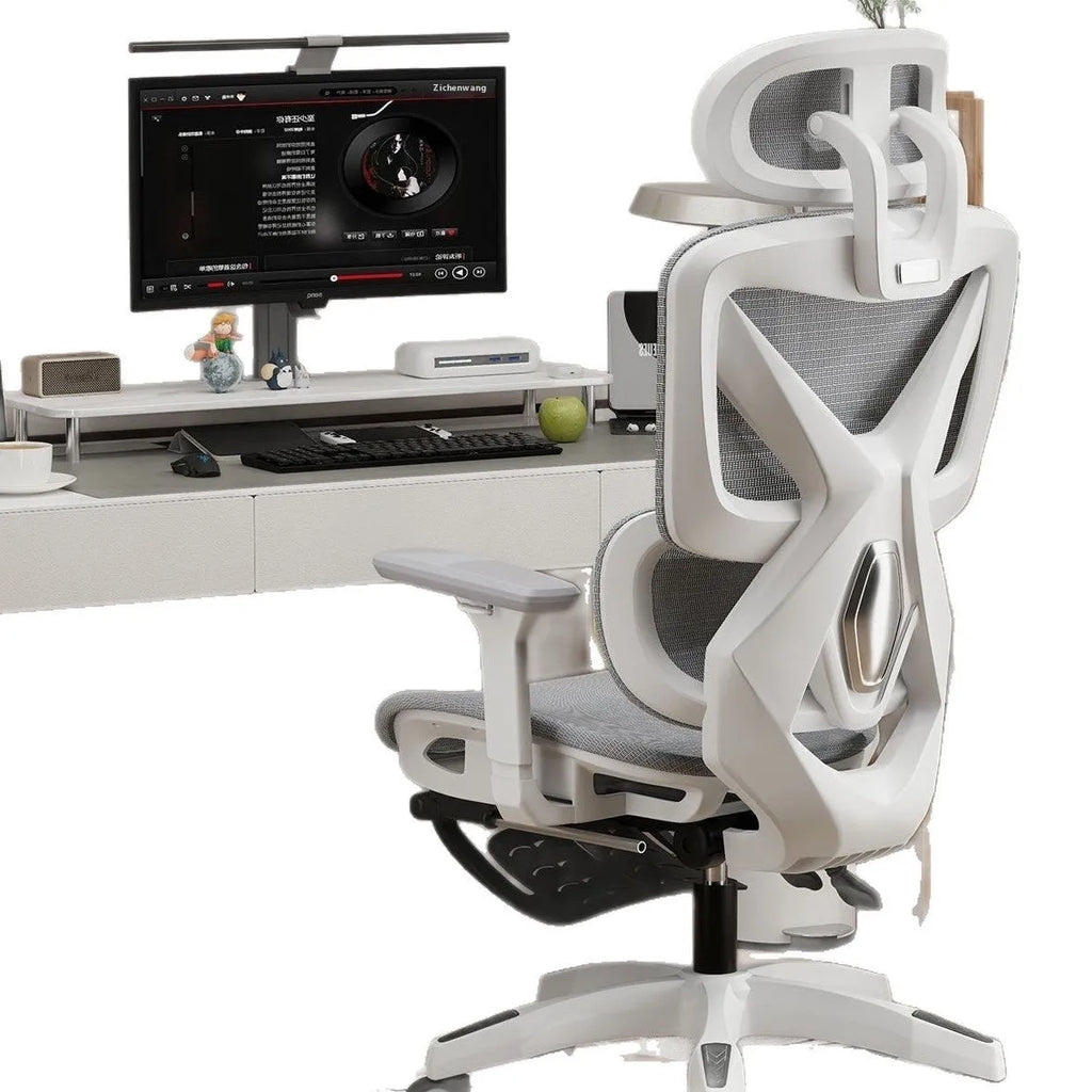 Black frame mesh ergonomic gaming chair with 4D armrests and aluminium alloy foot on a home office floor