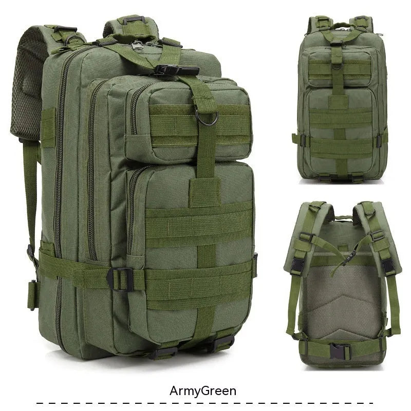 Large khaki coloured off-road hiking backpack with adjustable straps and multiple compartments.