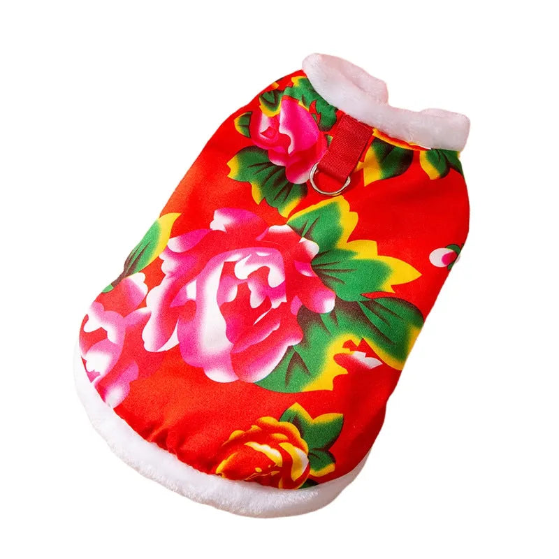 Red winter dog vest with huge peony floral pattern and D-ring, plush lined jacket for small to medium pets