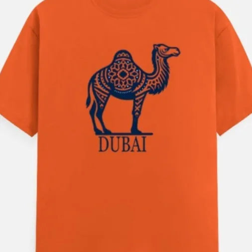 Orange cotton T-shirt with round neck and loose short sleeves on hanger