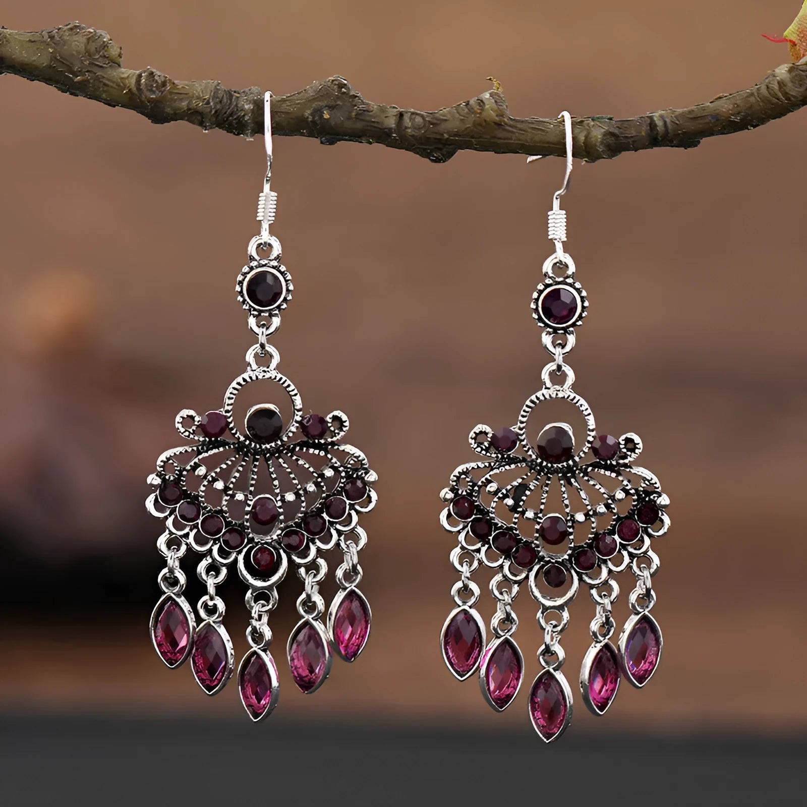 Retro alloy drop earrings with long crystal fringe in Smart Water Drop Purple colour