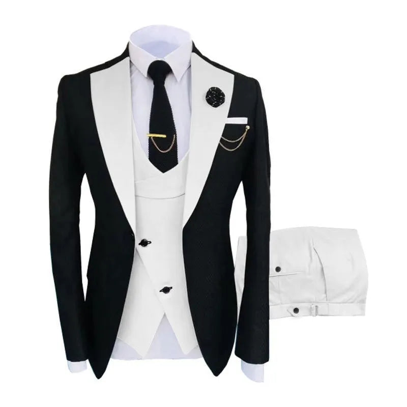Men's slim fit cotton three-piece business suit showing coat, vest and trousers in black colour option