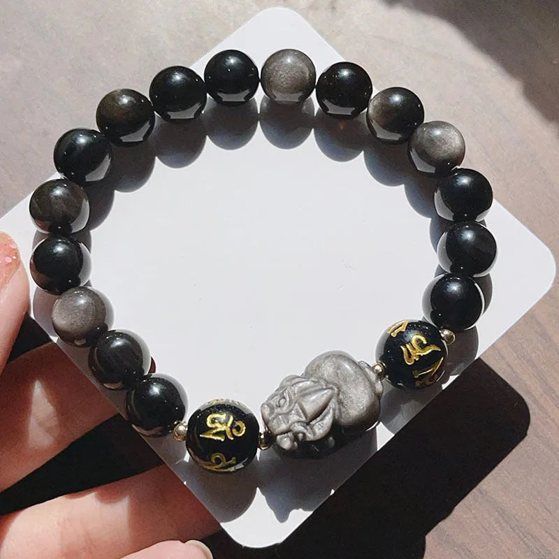 Men's silver stone bracelet with engraved Chinese zodiac symbols and proverbs on beads with adjustable closure