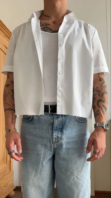 White men's cropped length short sleeve polyester shirt regular fit casual wear