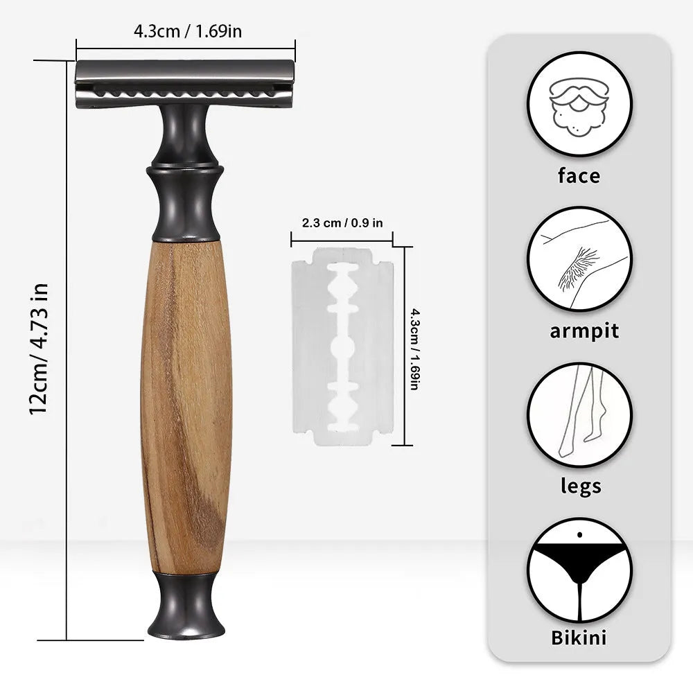 Men's copper manual safety razor with olive wood handle and aluminium alloy holder