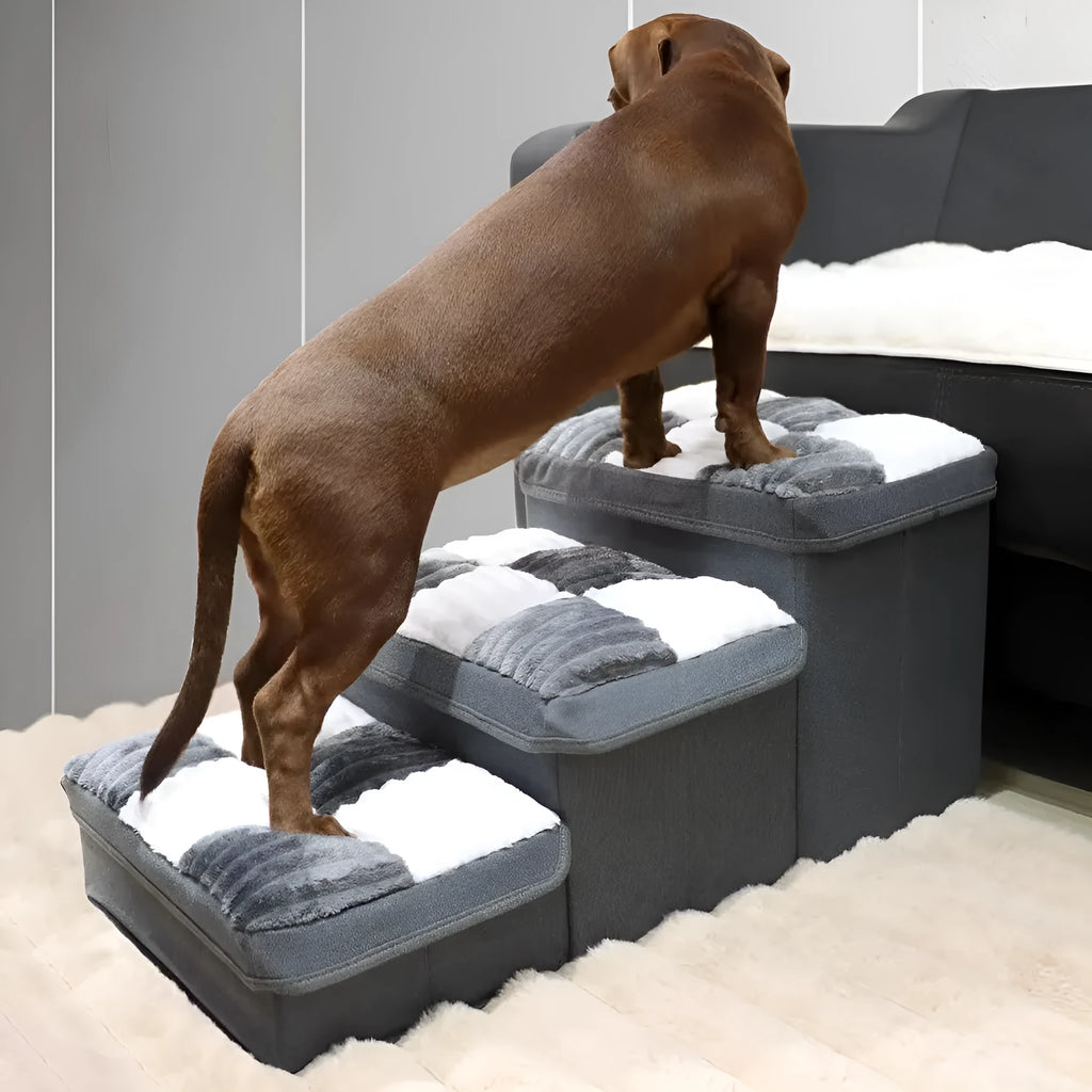 Luxury chessboard handmade dog stairs with storage in brown cotton grid pattern 50x38x15cm