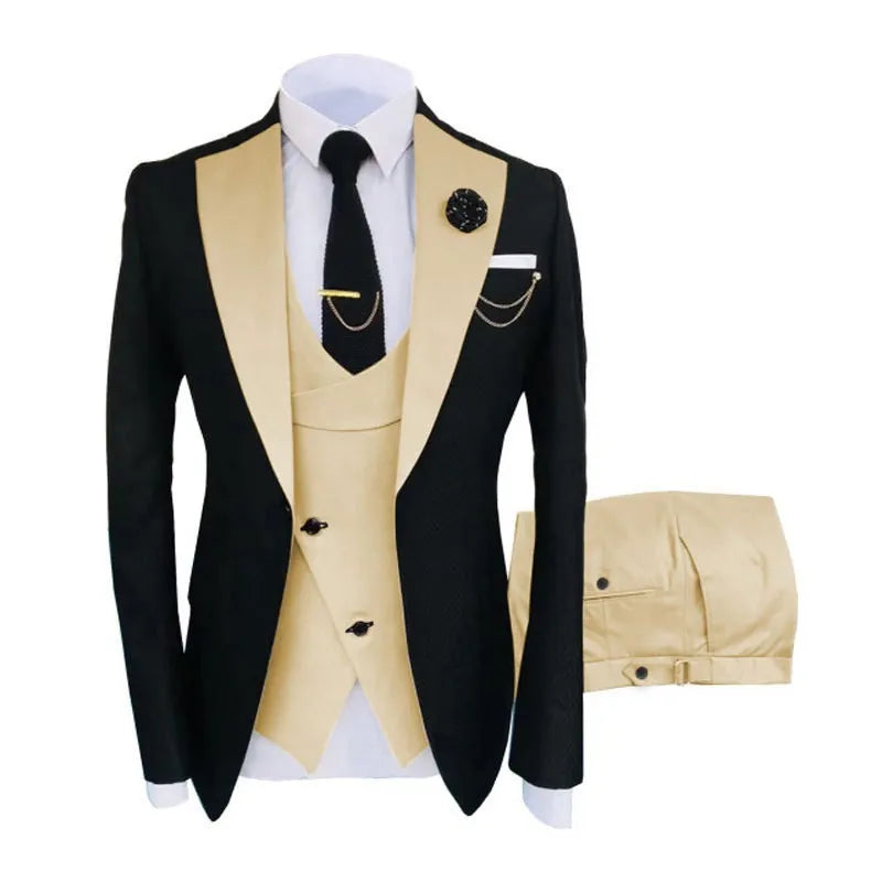 Men's slim fit cotton three-piece business suit showing coat, vest and trousers in black colour option